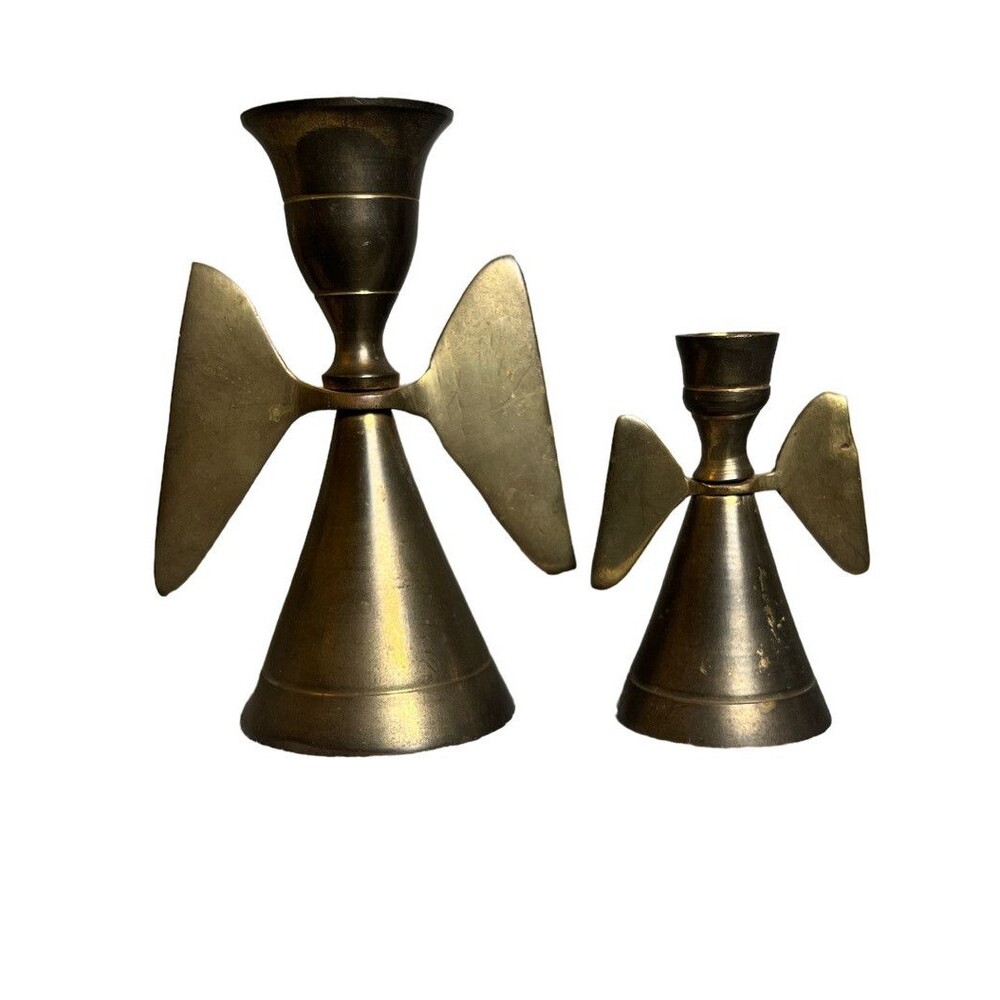 Vintage Pair Brass Angel Candle Holders India Christmas Decor Candlestick Lot‎